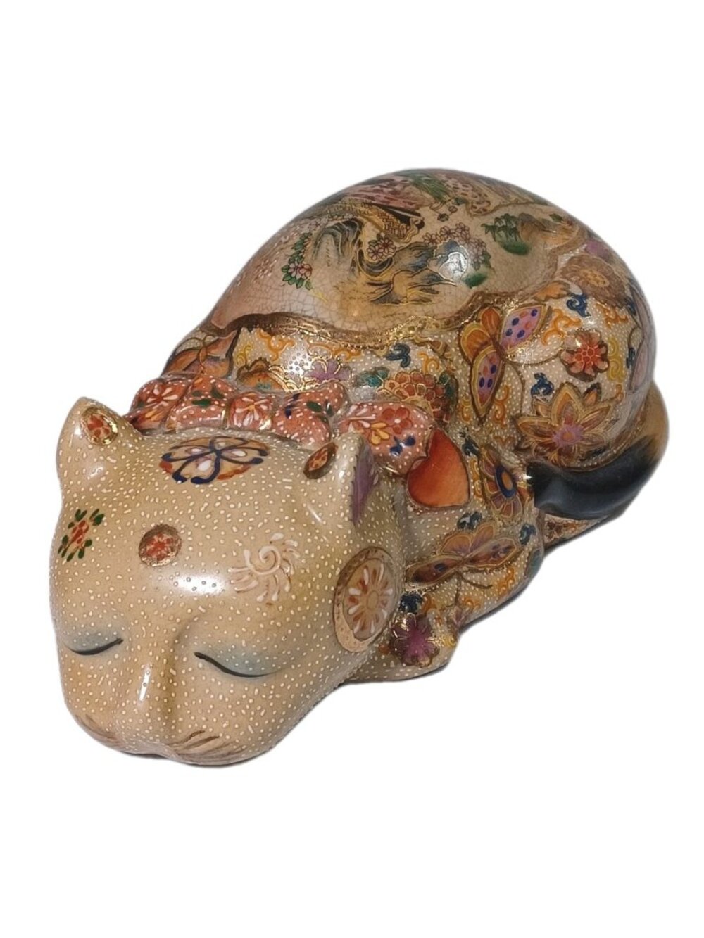 Vintage Japanese Satsuma Sleeping Cat Cloisonne Moriage Gold Accents Geishas But - Picture 5 of 12